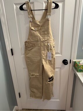 Risen Beige Distressed Denim Overalls